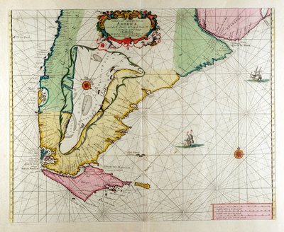 أمريكا ، اللوحة 17 من "Le Nouveau et Grand Illuminant Flambeau de la Mer" ، من إعداد Claes Jansz. Vooght (fl.1680-96) ، نشر في أمستردام 1683 (نقش ملون باليد) بواسطة هندريك دونكر